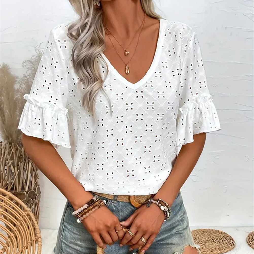 Flutter Sleeve Blouse Lace Knit Peplum Top Daily Use Delicate Lace Fabric - Picture 26 of 75