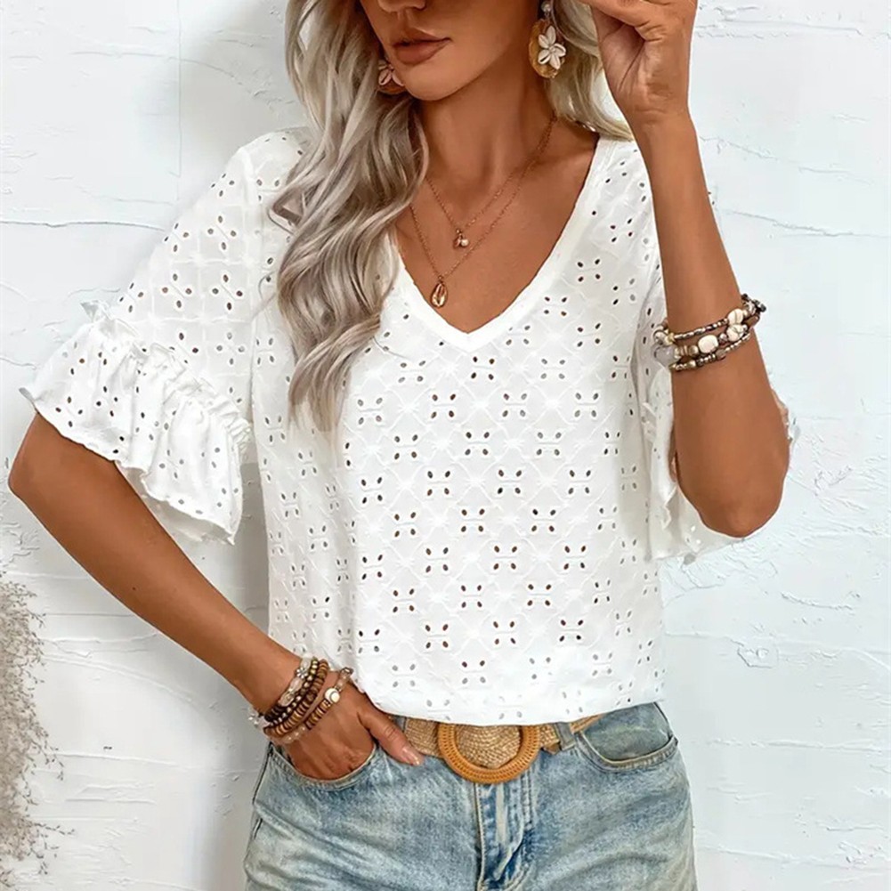 Flutter Sleeve Blouse Lace Knit Peplum Top Daily Use Delicate Lace Fabric - Picture 24 of 75