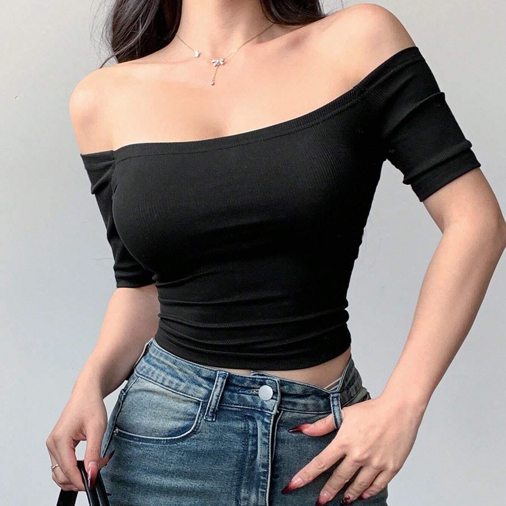 Women Summer Solid Off Shoulder T Shirt with Short Sleeves for Daily Use - Picture 20 of 52