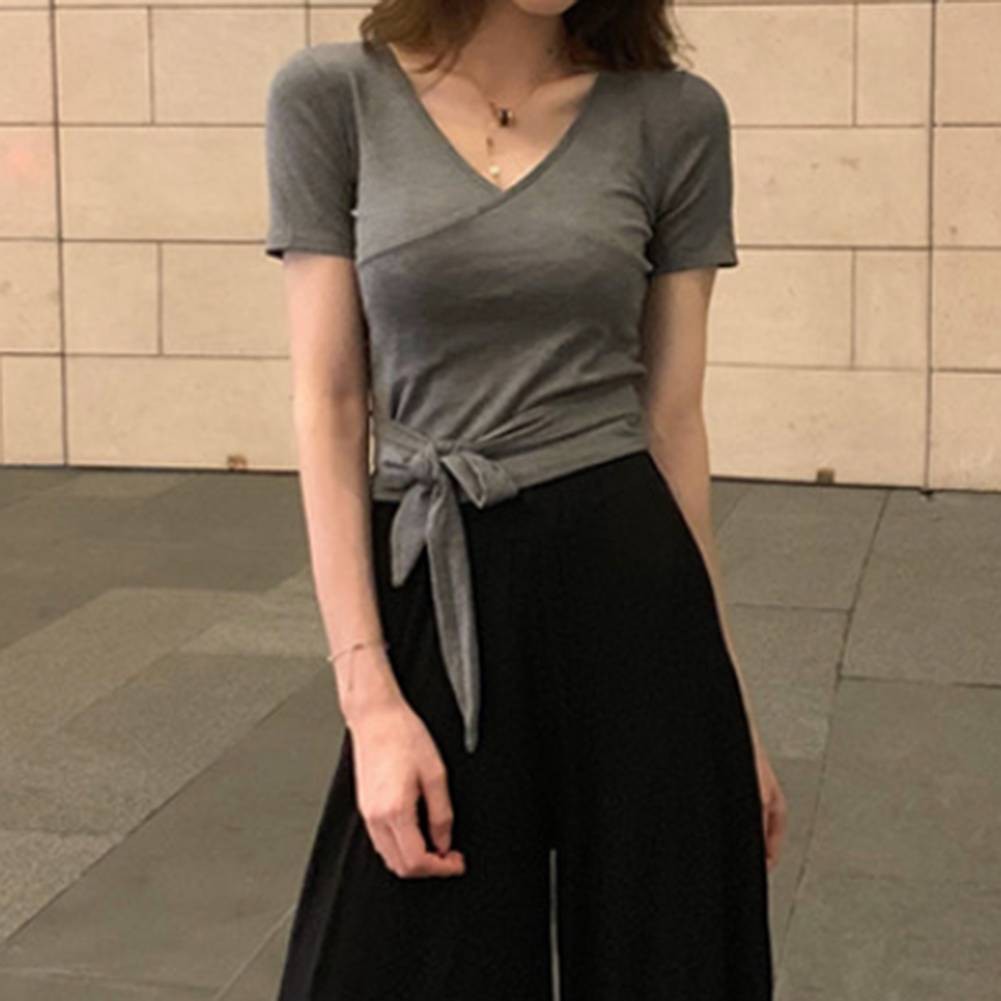 Women V Neck Lace Up Short Sleeve Casual T Shirt Perfect for Summer Days - Picture 16 of 36