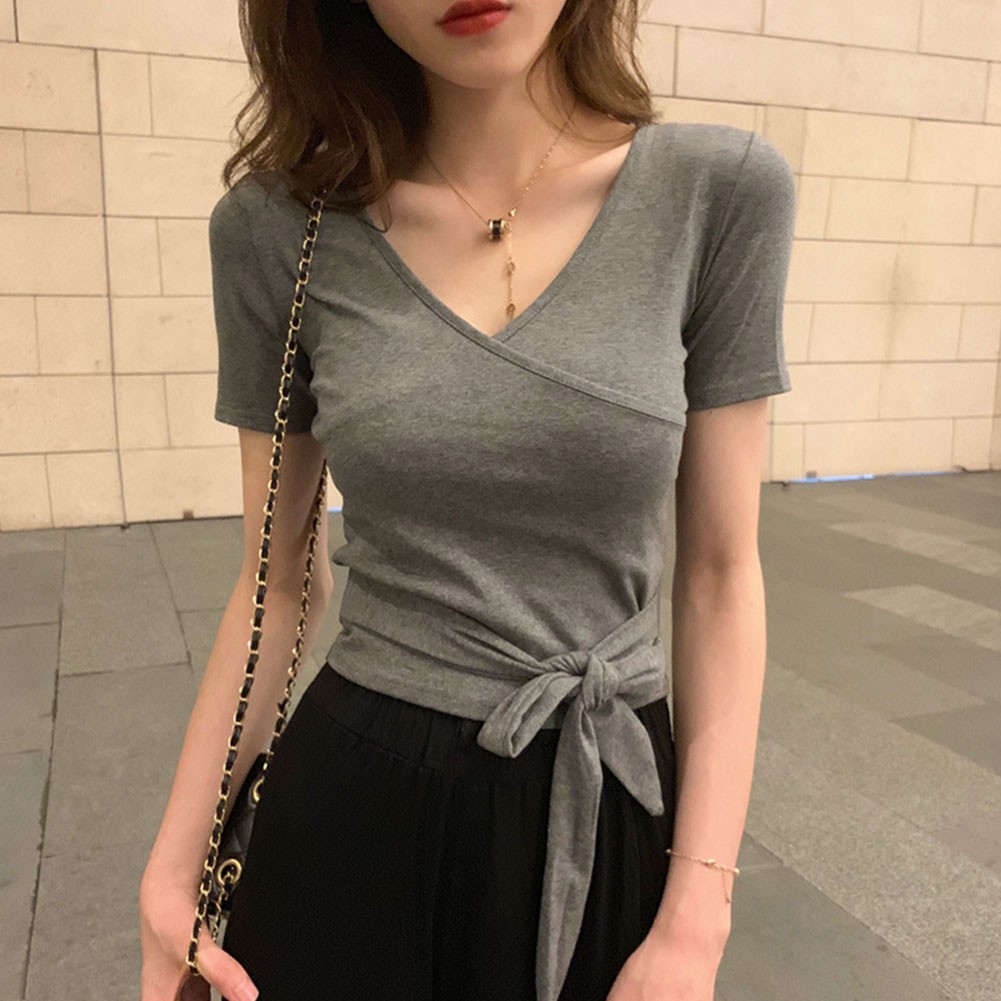 Women V Neck Lace Up Short Sleeve Casual T Shirt Perfect for Summer Days - Picture 13 of 36