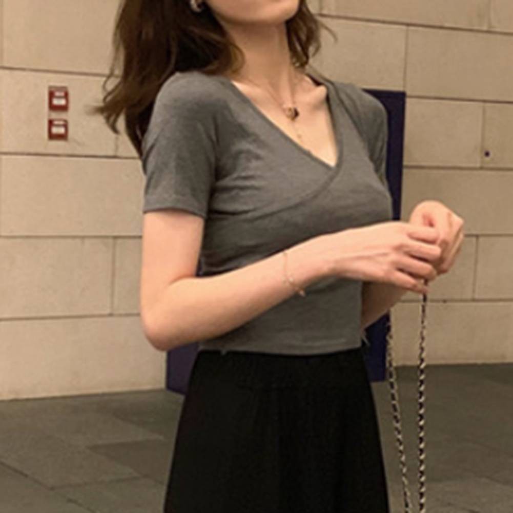 Women V Neck Lace Up Short Sleeve Casual T Shirt Perfect for Summer Days - Picture 18 of 36