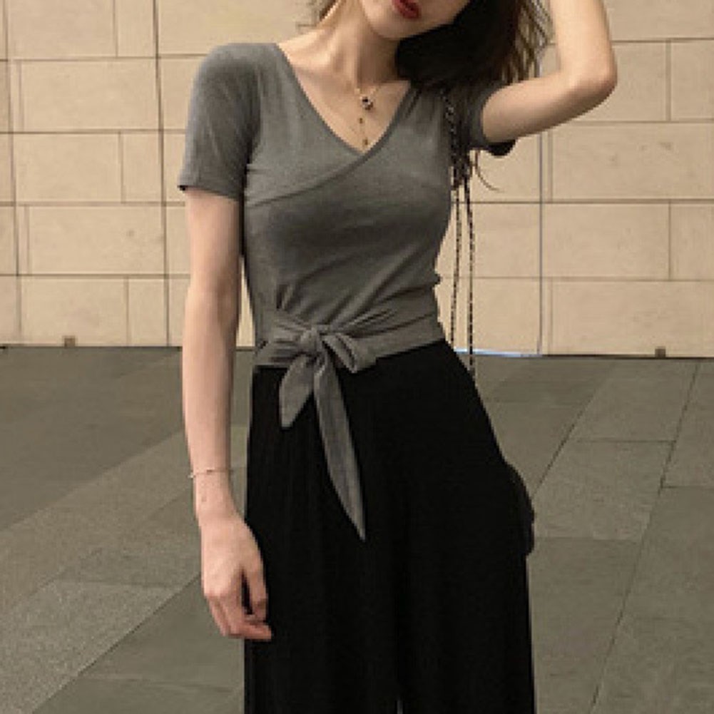Women V Neck Lace Up Short Sleeve Casual T Shirt Perfect for Summer Days - Picture 15 of 36