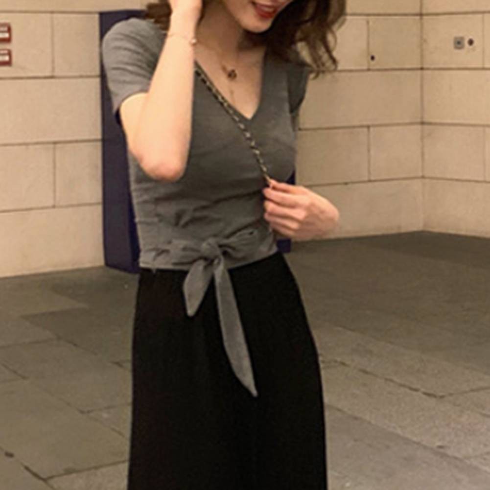Women V Neck Lace Up Short Sleeve Casual T Shirt Perfect for Summer Days - Picture 14 of 36