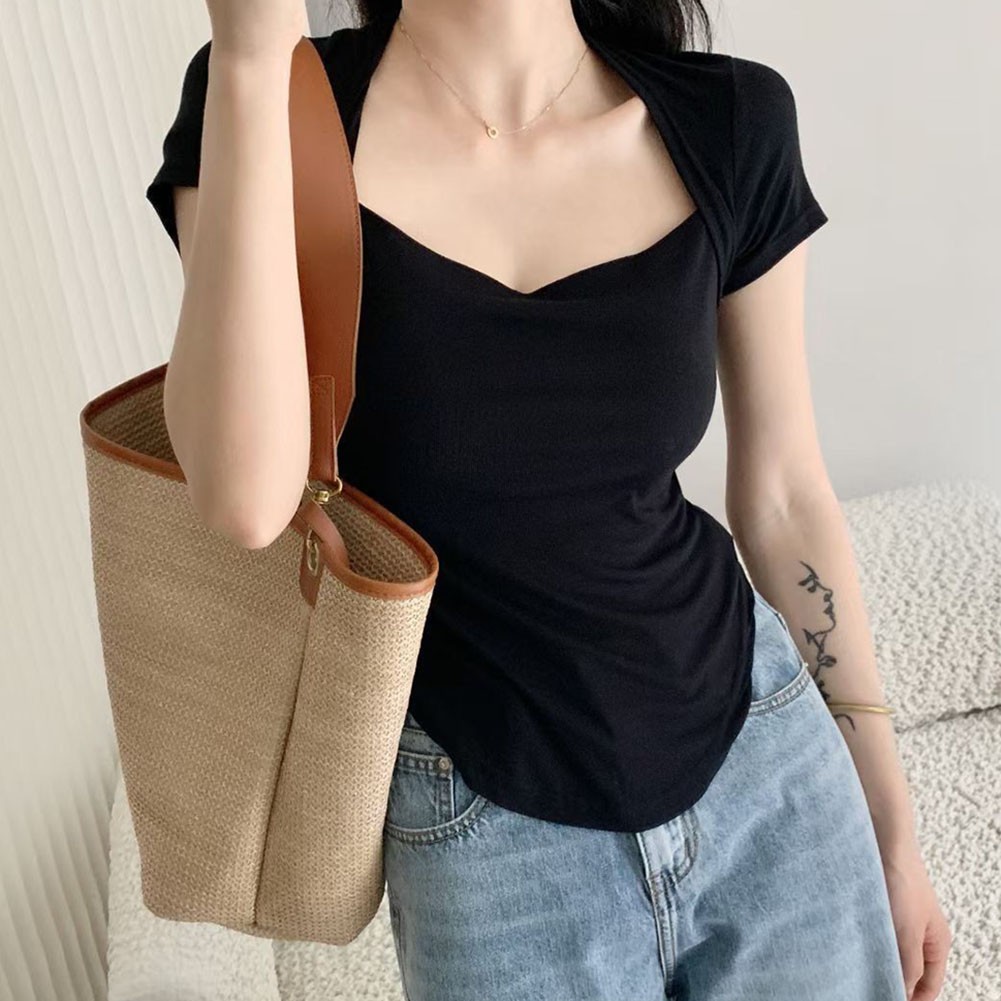 Elegant Women Summer Short Sleeve T Shirt in Solid Colors for Vacation Style - Picture 36 of 47