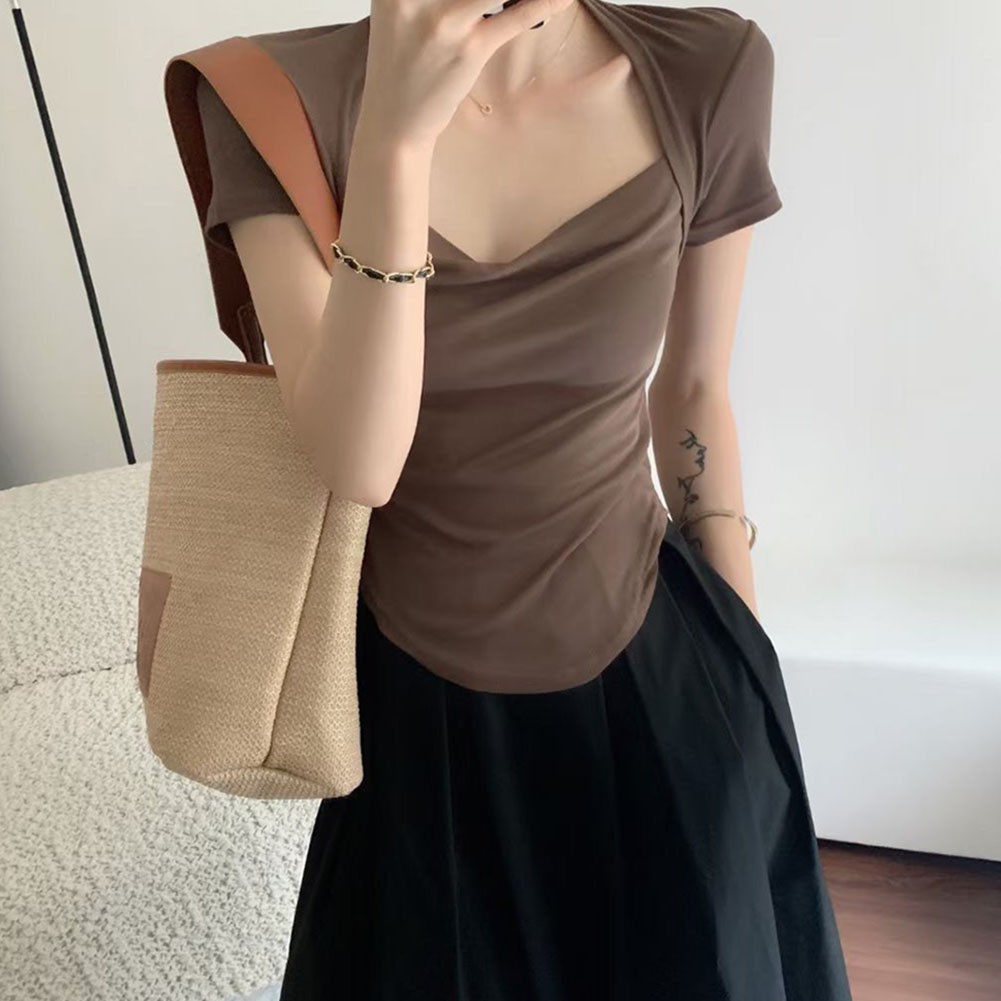Elegant Women Summer Short Sleeve T Shirt in Solid Colors for Vacation Style - Picture 46 of 47