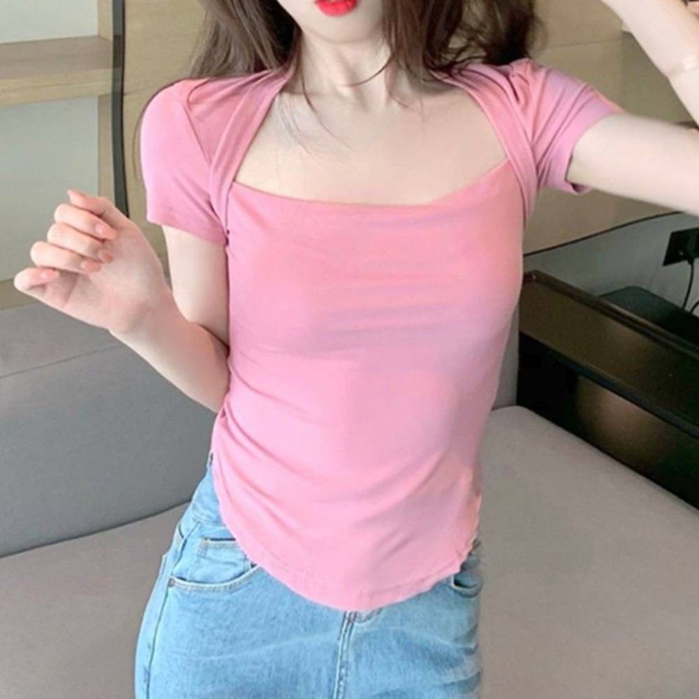 Elegant Women Summer Short Sleeve T Shirt in Solid Colors for Vacation Style - Picture 28 of 47