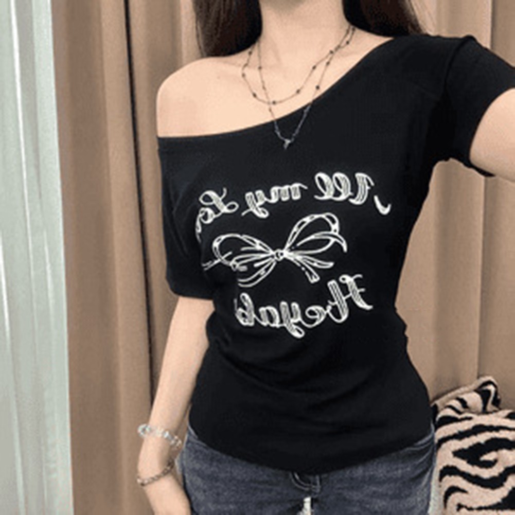 Vintage Off Shoulder T Shirts with Butterfly Letter Print for Women Fashion - Picture 11 of 20