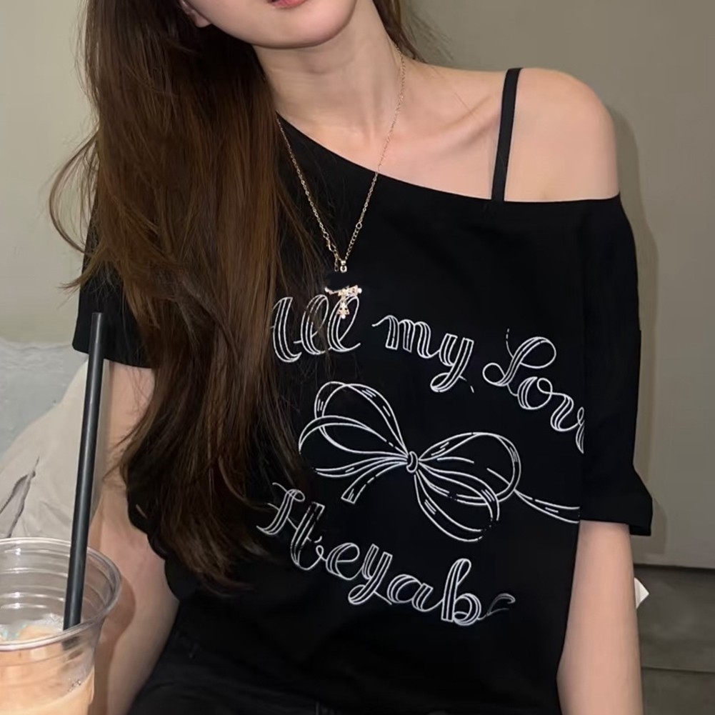Vintage Off Shoulder T Shirts with Butterfly Letter Print for Women Fashion - Picture 13 of 20