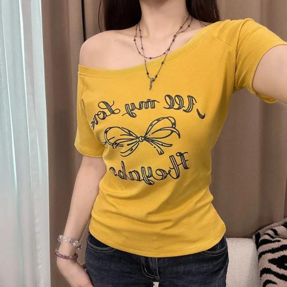 Vintage Off Shoulder T Shirts with Butterfly Letter Print for Women Fashion - Picture 17 of 20