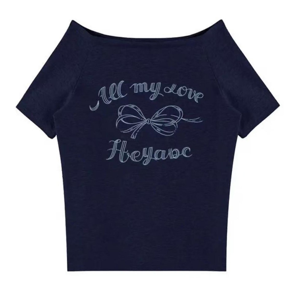 Vintage Off Shoulder T Shirts with Butterfly Letter Print for Women Fashion - Picture 20 of 20