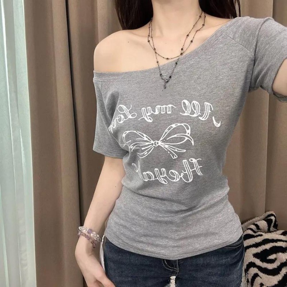Vintage Off Shoulder T Shirts with Butterfly Letter Print for Women Fashion - Picture 15 of 20