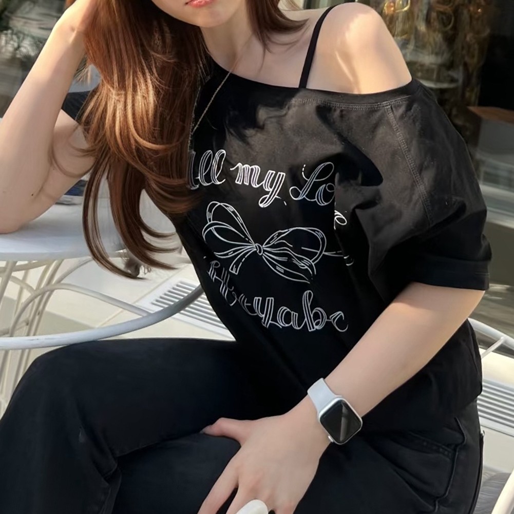 Vintage Off Shoulder T Shirts with Butterfly Letter Print for Women Fashion - Picture 12 of 20