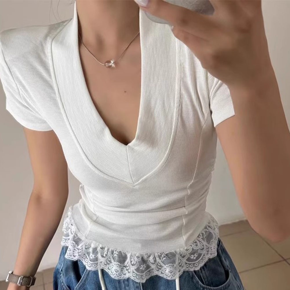 Women Summer V Neck Lace Shoulder Pad T Shirt Casual Vintage Fashion Top - Picture 9 of 14