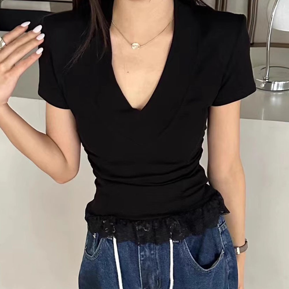Fashionable Women Solid Color T Shirt with Lace Shoulder Pad for Summer - Picture 14 of 20