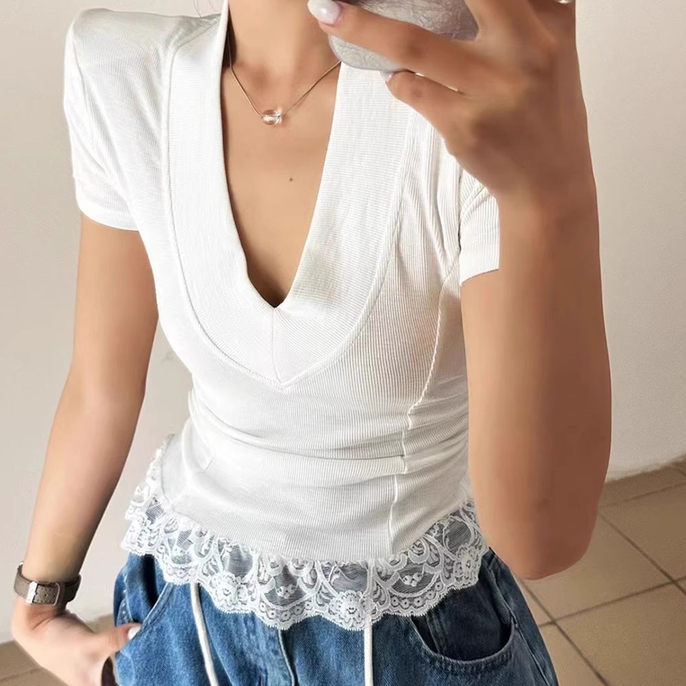 Women Summer V Neck Lace Shoulder Pad T Shirt Casual Vintage Fashion Top - Picture 8 of 14