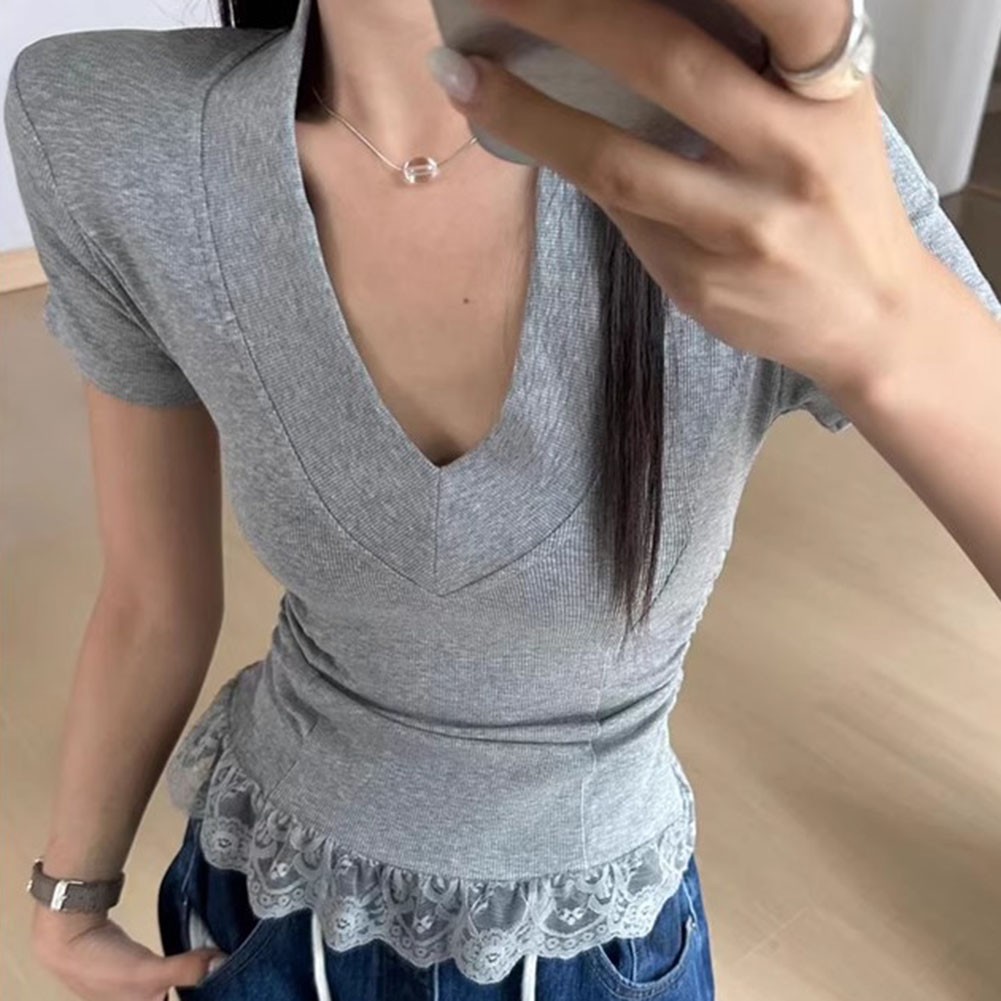 Women Slim Fit Casual T Shirt V Neck with Lace Shoulder Pad for Summer