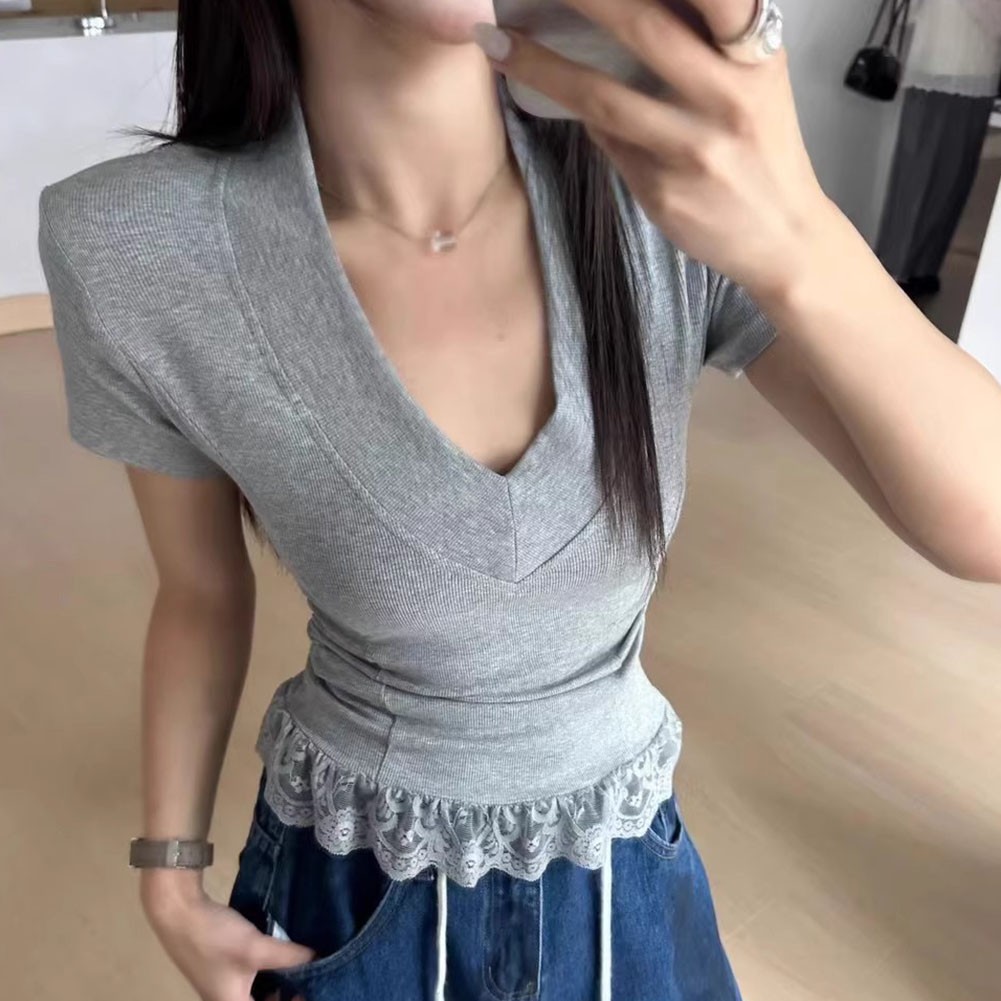 Women Summer V Neck Lace Shoulder Pad T Shirt Casual Vintage Fashion Top - Picture 12 of 14