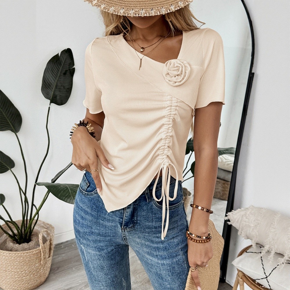 Apricot Women's T Shirt with Irregular V Neck and Eye Catching Floral Design - Picture 38 of 70