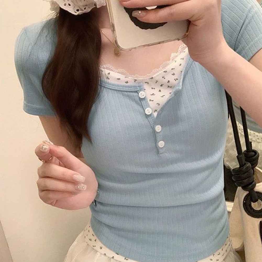 Short Sleeve Summer Floral T Shirt for Women with Lace for Everyday Wear - Picture 20 of 20