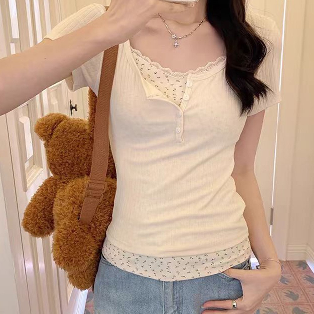Short Sleeve Summer Floral T Shirt for Women with Lace for Everyday Wear - Picture 12 of 20