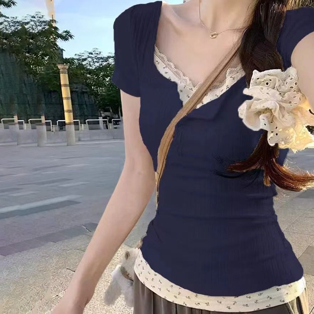 Short Sleeve Summer Floral T Shirt for Women with Lace for Everyday Wear - Picture 16 of 20