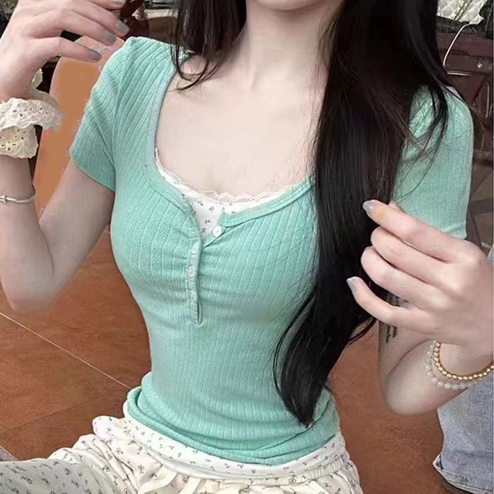 Short Sleeve Summer Floral T Shirt for Women with Lace for Everyday Wear - Picture 18 of 20