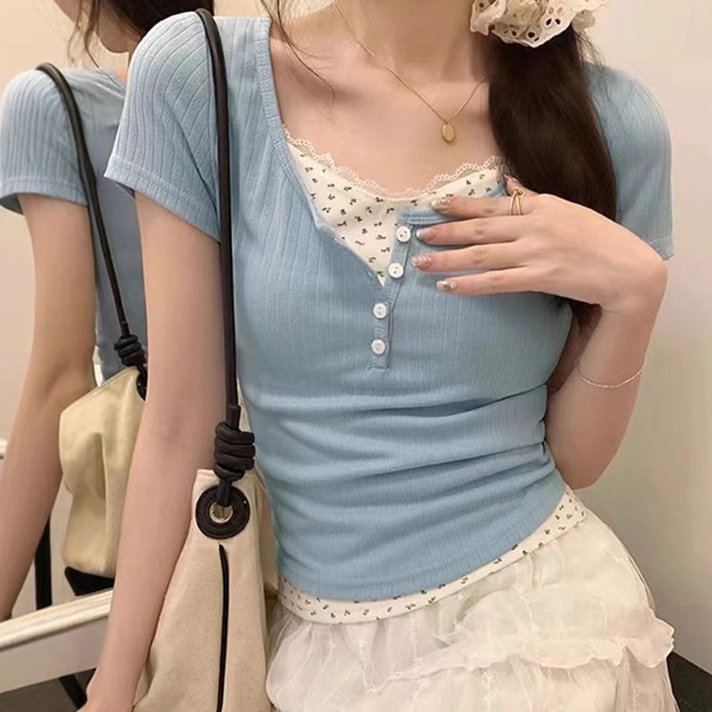 Short Sleeve Summer Floral T Shirt for Women with Lace for Everyday Wear - Picture 19 of 20