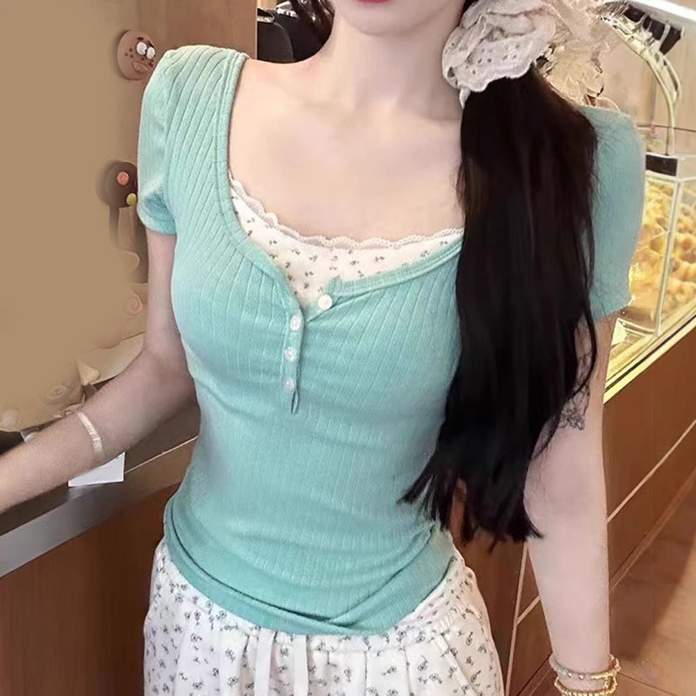 Short Sleeve Summer Floral T Shirt for Women with Lace for Everyday Wear - Picture 17 of 20