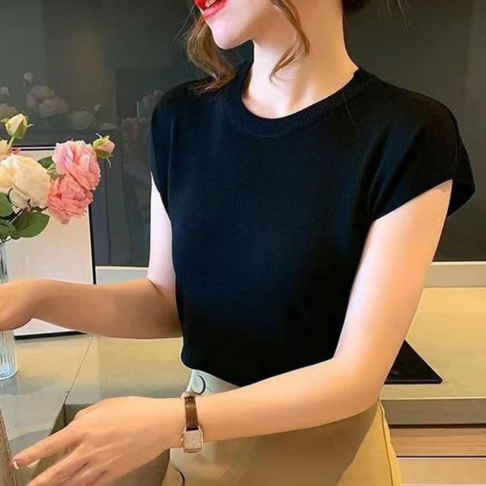 Women Summer Short Sleeve T Shirt Ice Silk Fabric in Various Solid Colors - Picture 14 of 25