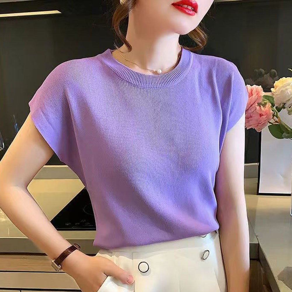 Women Summer Short Sleeve T Shirt Ice Silk Fabric in Various Solid Colors - Picture 16 of 25