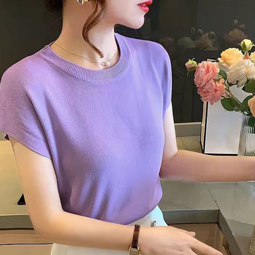 Women Summer Short Sleeve T Shirt Ice Silk Fabric in Various Solid Colors - Picture 18 of 25
