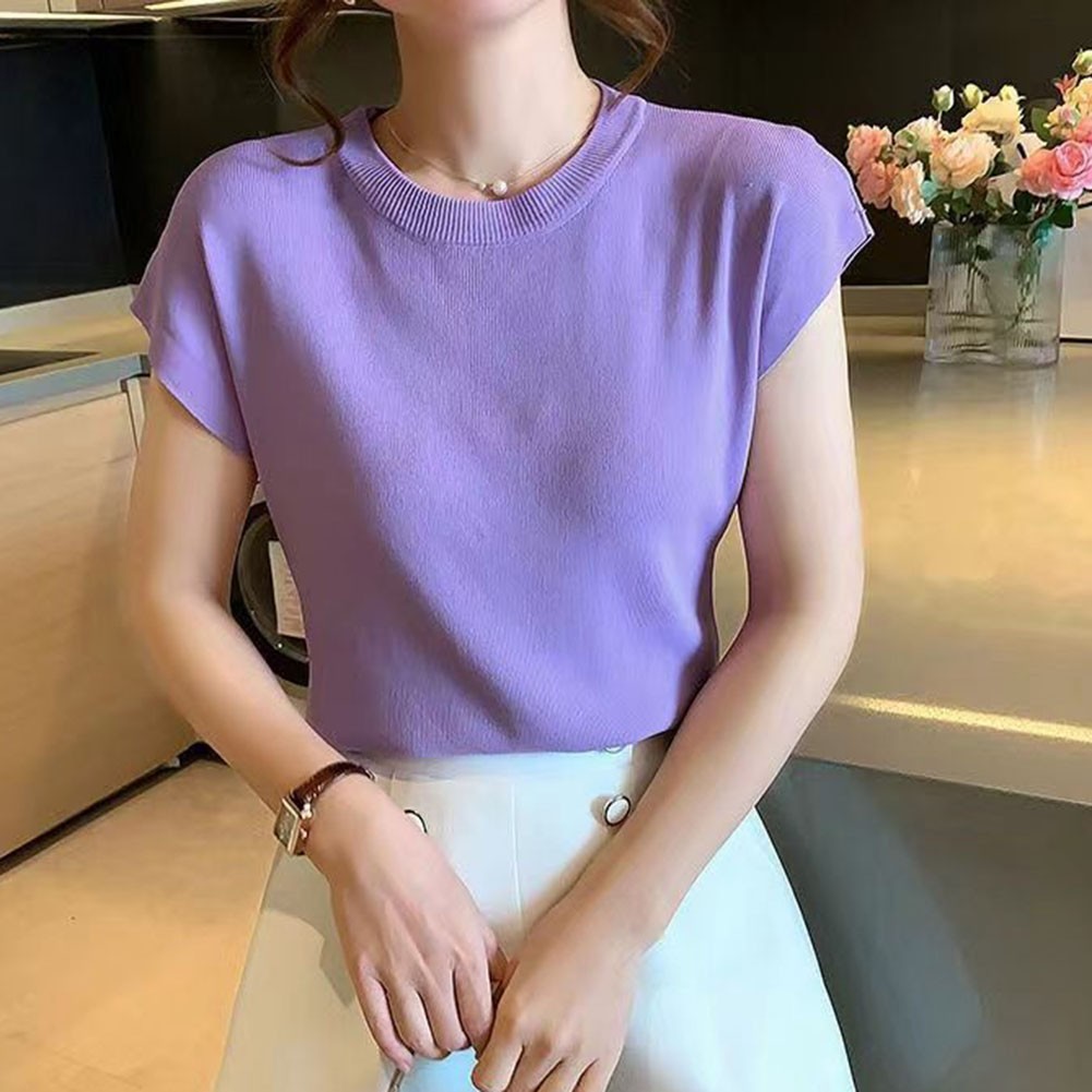Women Summer Short Sleeve T Shirt Ice Silk Fabric in Various Solid Colors - Picture 19 of 25