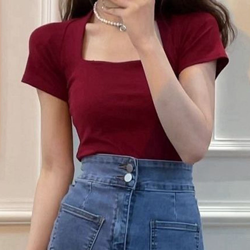 Summer Women Casual U Neck Short Sleeve T Shirt Solid Color Fashion Top - Picture 12 of 22