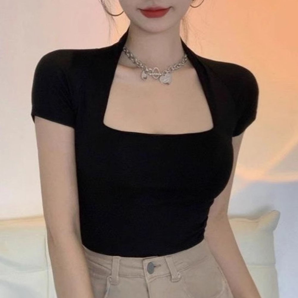 Summer Women Casual U Neck Short Sleeve T Shirt Solid Color Fashion Top - Picture 9 of 22