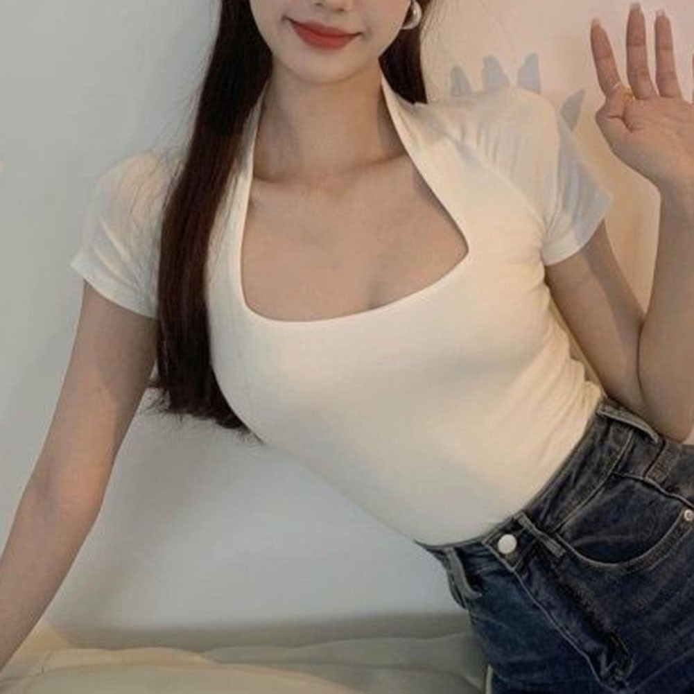 Summer Women Casual U Neck Short Sleeve T Shirt Solid Color Fashion Top - Picture 18 of 22