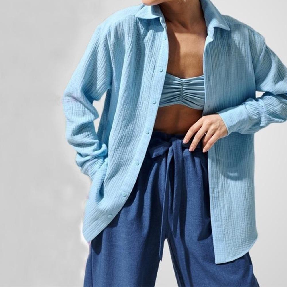 Solid Color Long Sleeve Pleated Shirt for Women Comfortable Casual Wear - Picture 6 of 12
