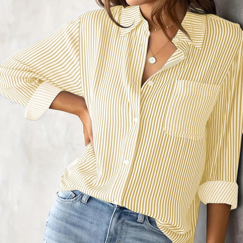 Ladies' Long Sleeve Striped Shirt with Pockets Perfect for Work and Play