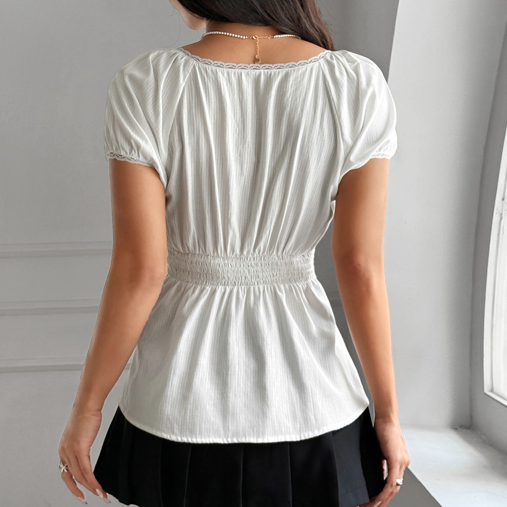 Casual Women's Puffed Sleeve Button T Shirt in White for Spring and Summer - Picture 20 of 56