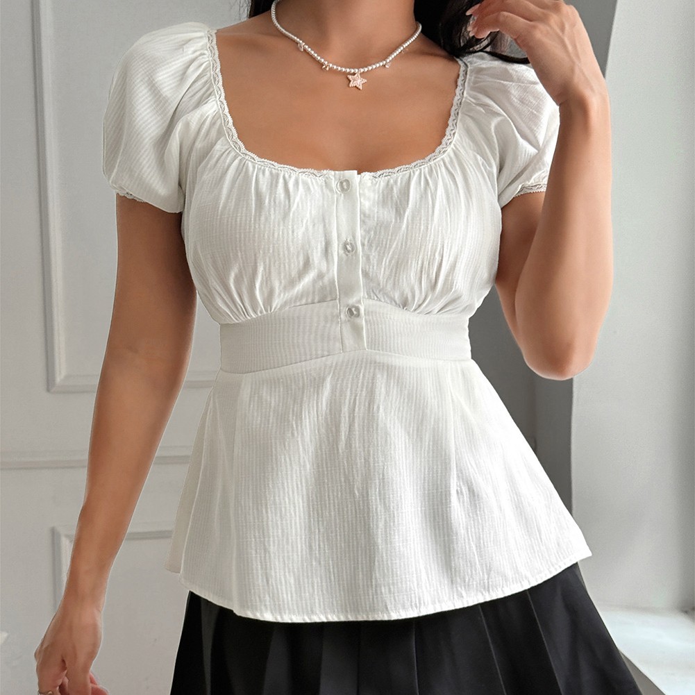 Casual Women's Puffed Sleeve Button T Shirt in White for Spring and Summer - Picture 22 of 56