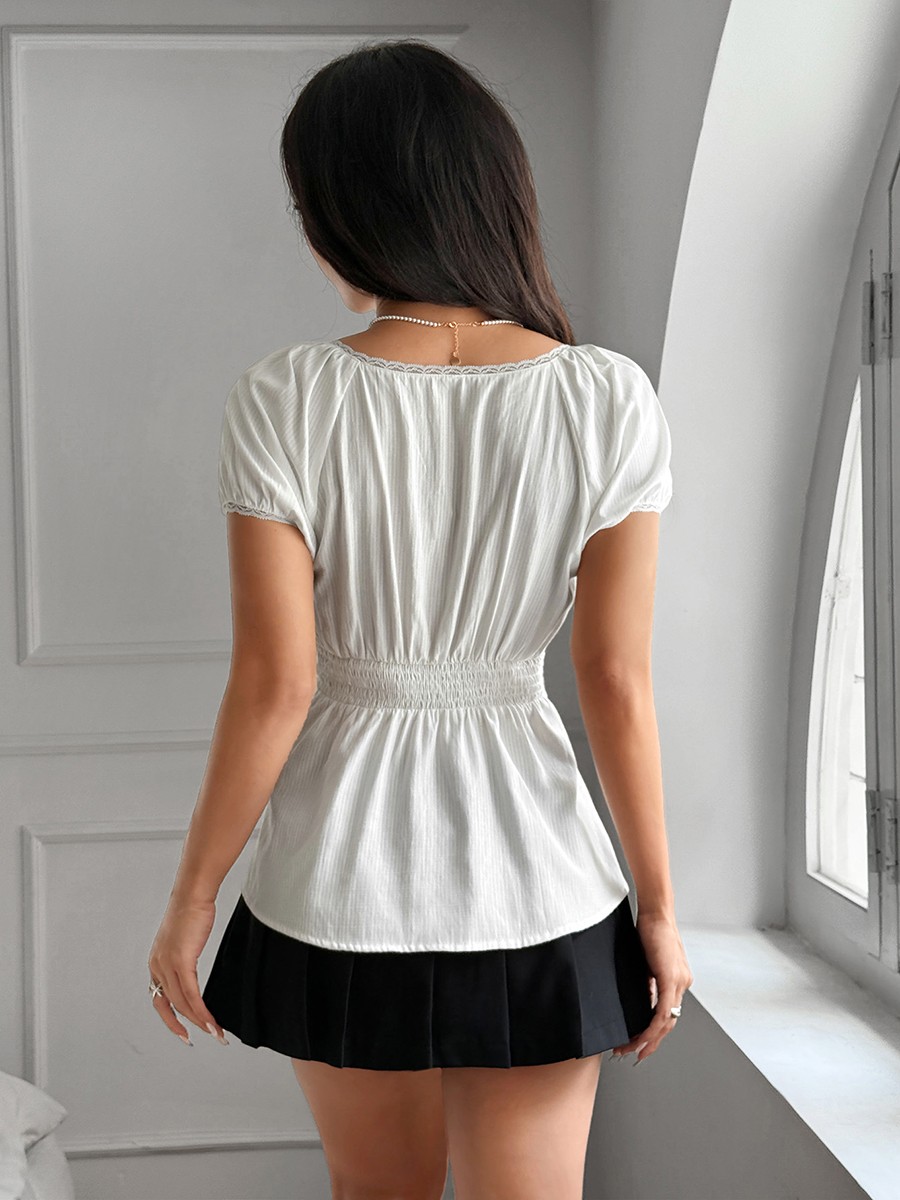 Casual Women's Puffed Sleeve Button T Shirt in White for Spring and Summer - Picture 16 of 56