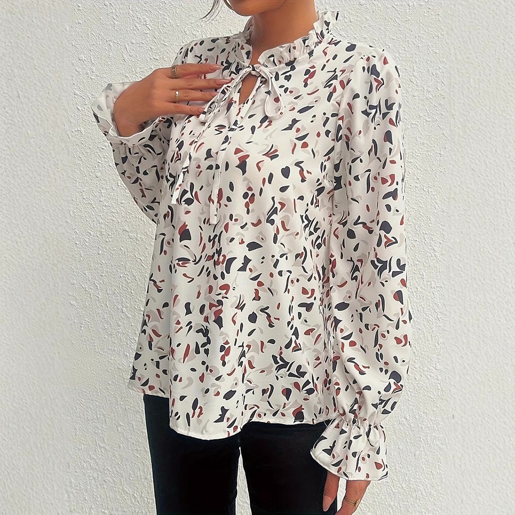 Stylish Women's Long Sleeve Shirt with White Floral Patterns for All Seasons - Picture 18 of 54