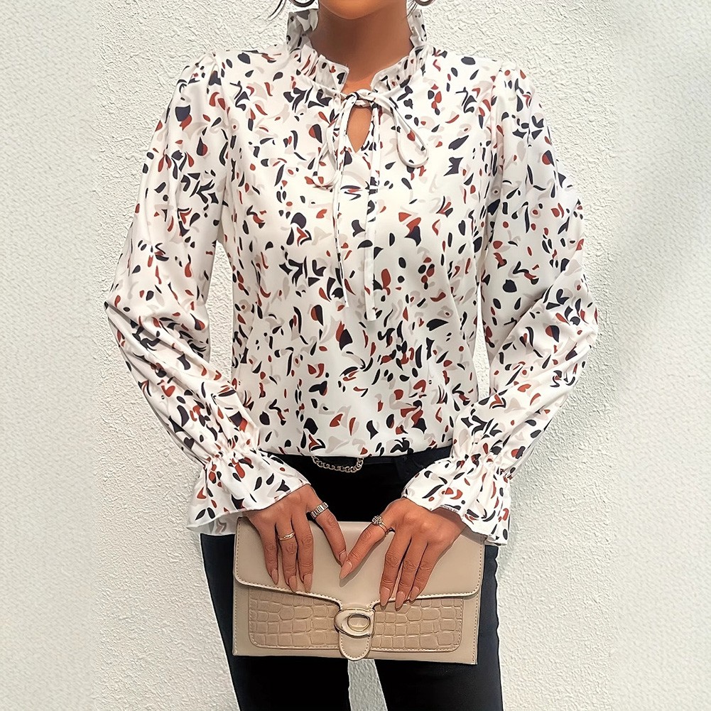 Stylish Women's Long Sleeve Shirt with White Floral Patterns for All Seasons - Picture 16 of 54