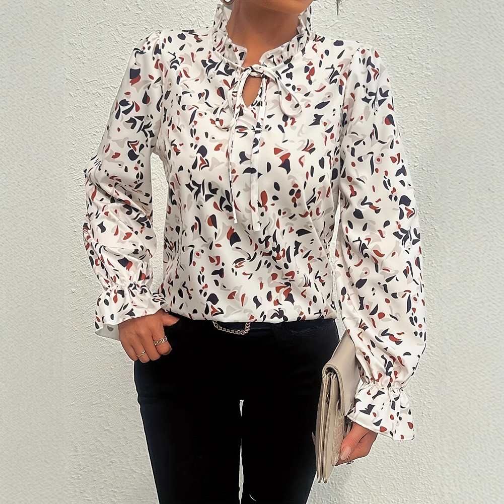 Stylish Women's Long Sleeve Shirt with White Floral Patterns for All Seasons - Picture 17 of 54