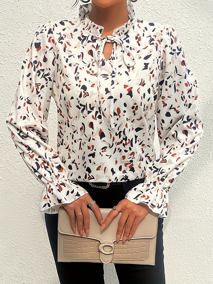 Stylish Women's Long Sleeve Shirt with White Floral Patterns for All Seasons - Picture 21 of 54