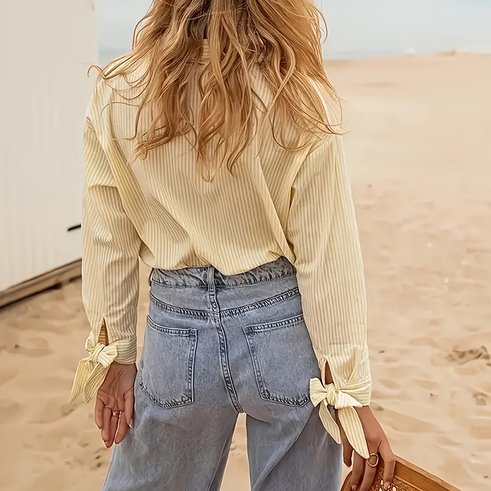 Casual Women's Striped Loose Fit Shirt in Yellow for Commuting and Shopping - Picture 20 of 52