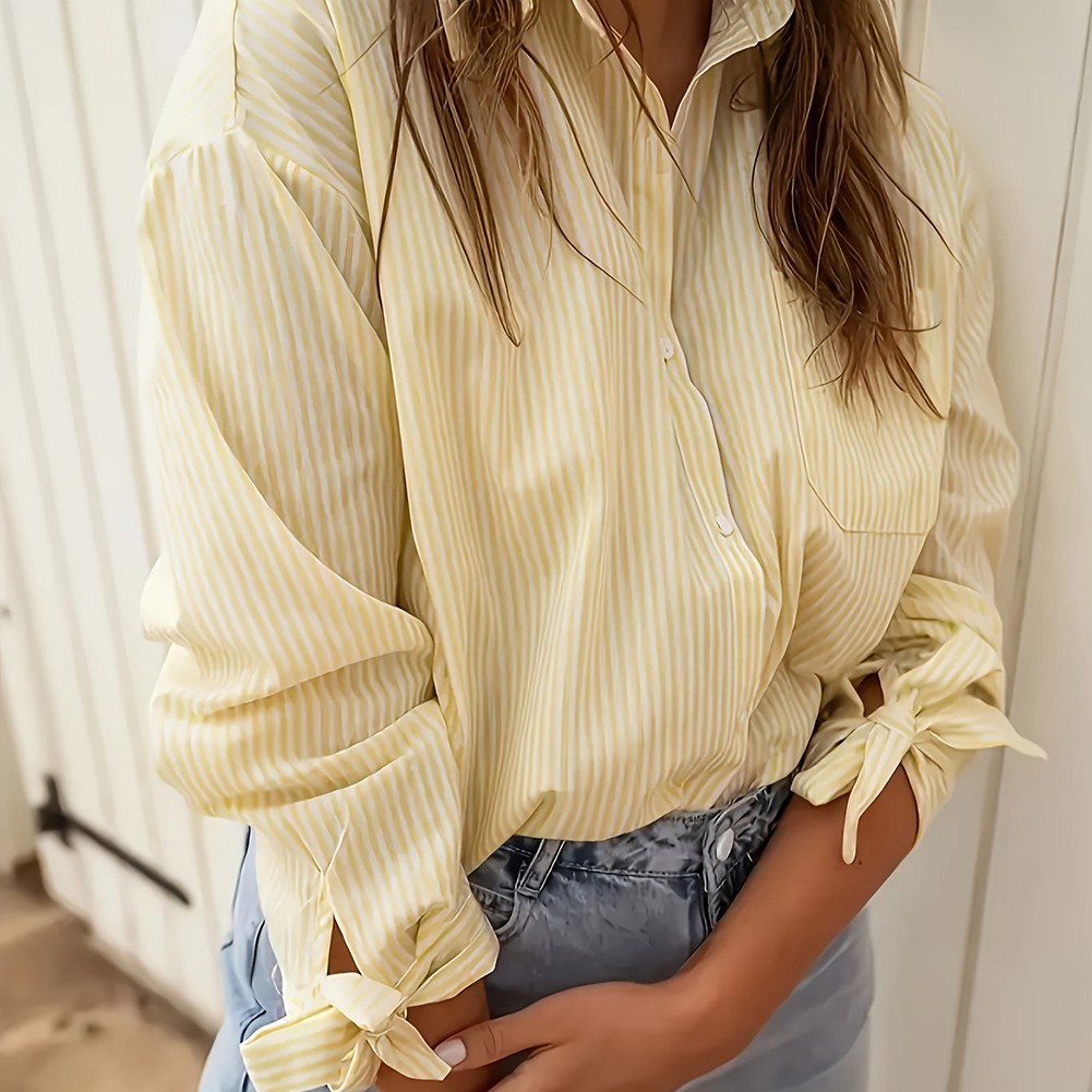 Casual Women's Striped Loose Fit Shirt in Yellow for Commuting and Shopping - Picture 21 of 52