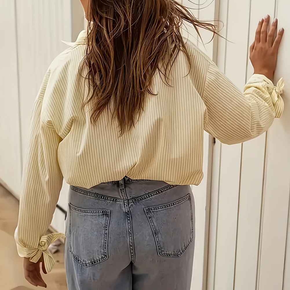 Casual Women's Striped Loose Fit Shirt in Yellow for Commuting and Shopping - Picture 14 of 52