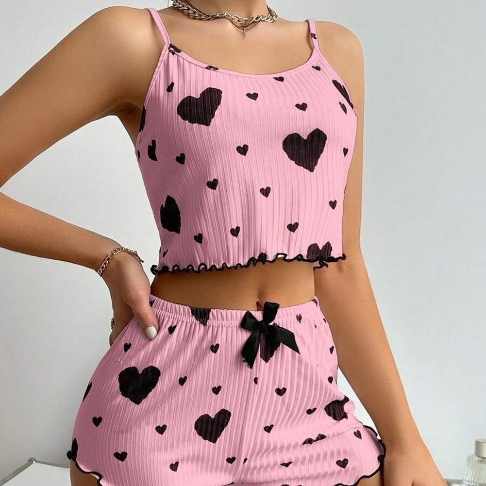 Fashionable Ladies Love Pajama Set with Printed Shorts for Cozy Nights
