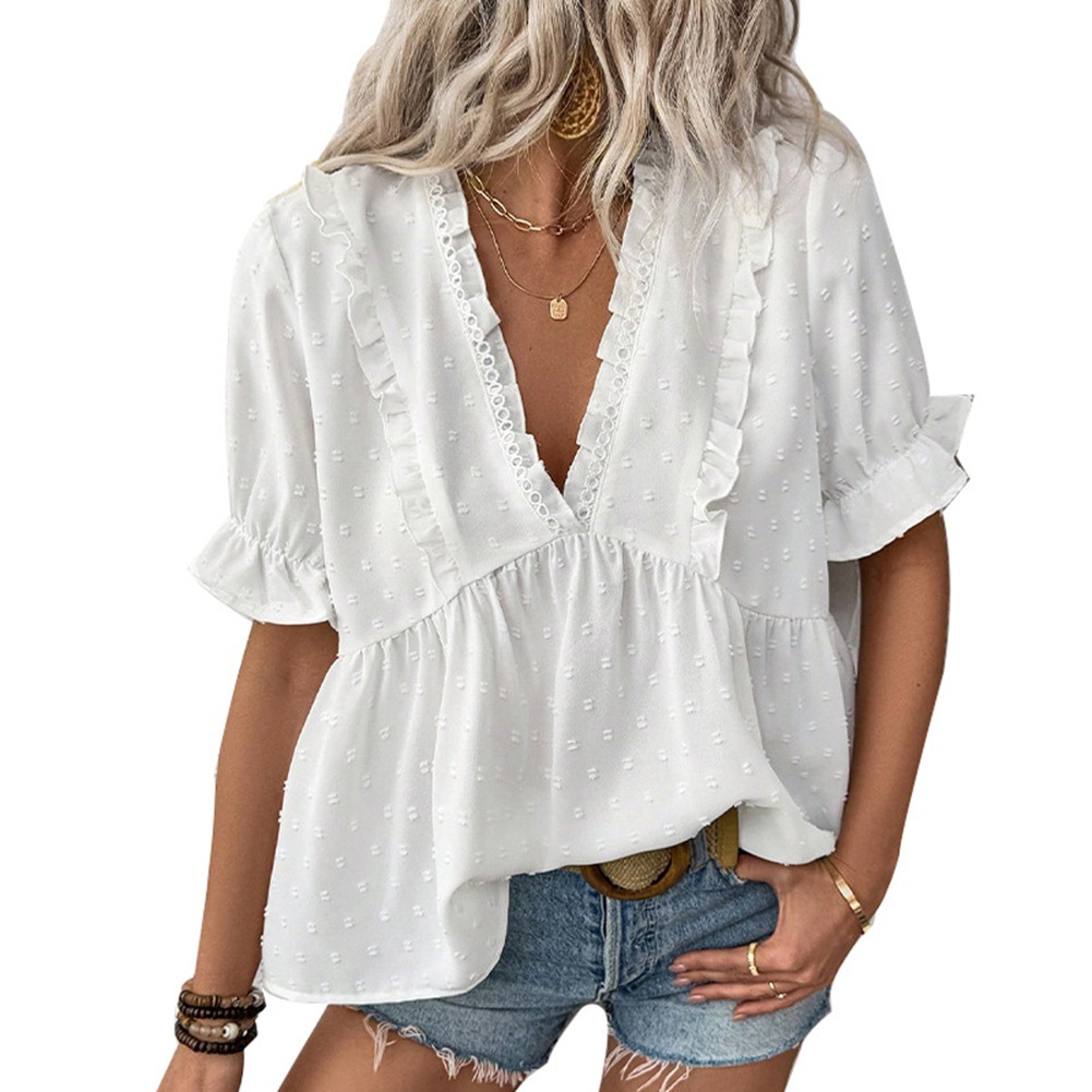 Women's Vacation V Neck Blouse with Flounce Sleeves for Summer Getaways - Picture 13 of 60